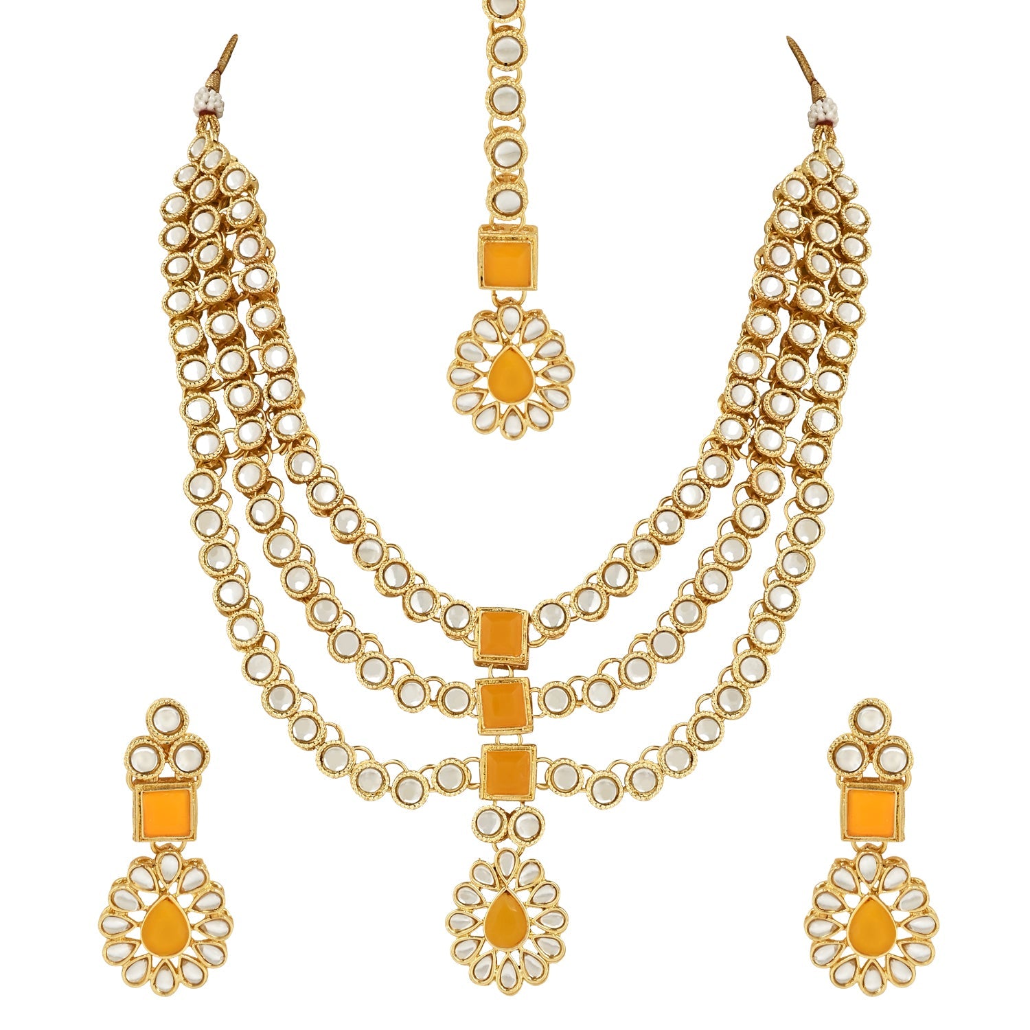 Women's 18K Gold Plated Traditional Kundan Necklace Jewellery Set with Earrings & Maang Tikka  - I Jewels