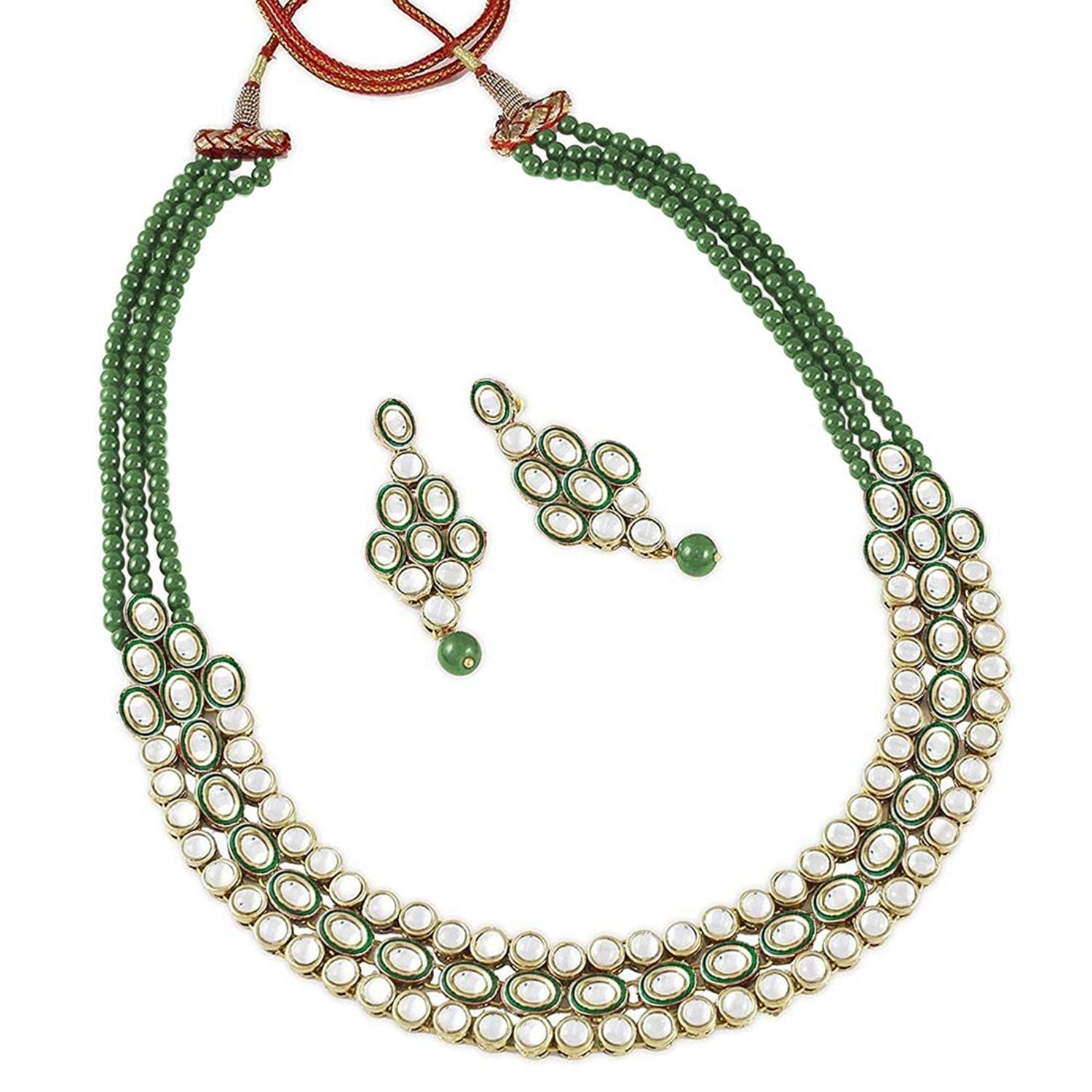 Women's 18K Gold Plated Traditional Stunning Green Meenakari Kundan Studded Pearl Necklace Jewellery Set with Earrings  - I Jewels