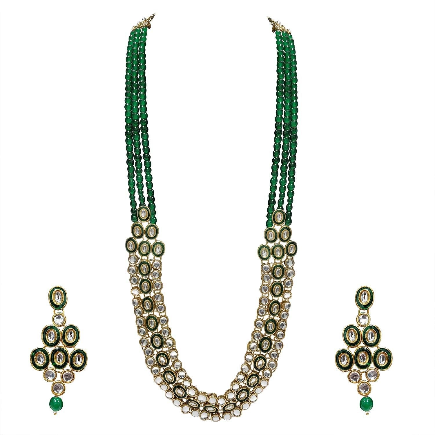 Women's 18K Gold Plated Traditional Stunning Green Meenakari Kundan Studded Pearl Necklace Jewellery Set with Earrings  - I Jewels