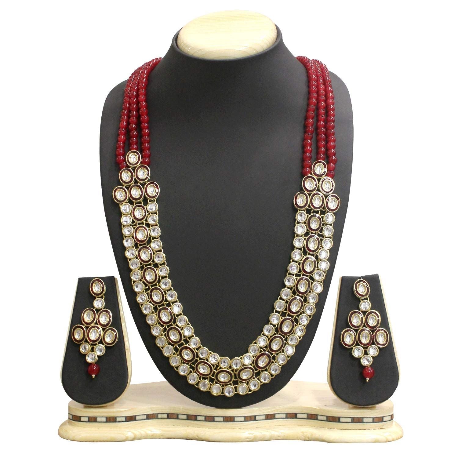 Women's 18K Gold Plated Traditional Stunning Maroon Meenakari Kundan Studded Pearl Necklace Jewellery Set with Earrings  - I Jewels