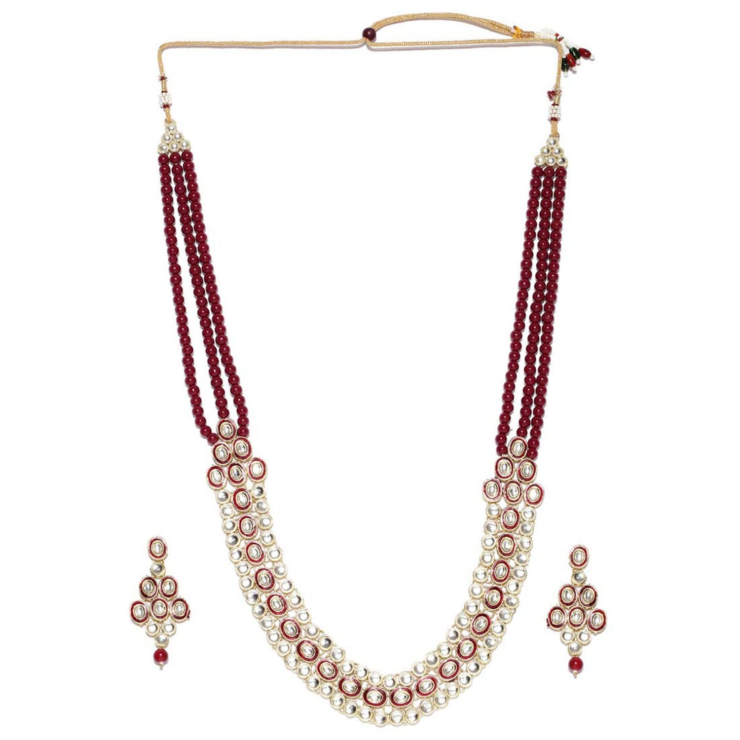 Women's 18K Gold Plated Traditional Stunning Maroon Meenakari Kundan Studded Pearl Necklace Jewellery Set with Earrings  - I Jewels