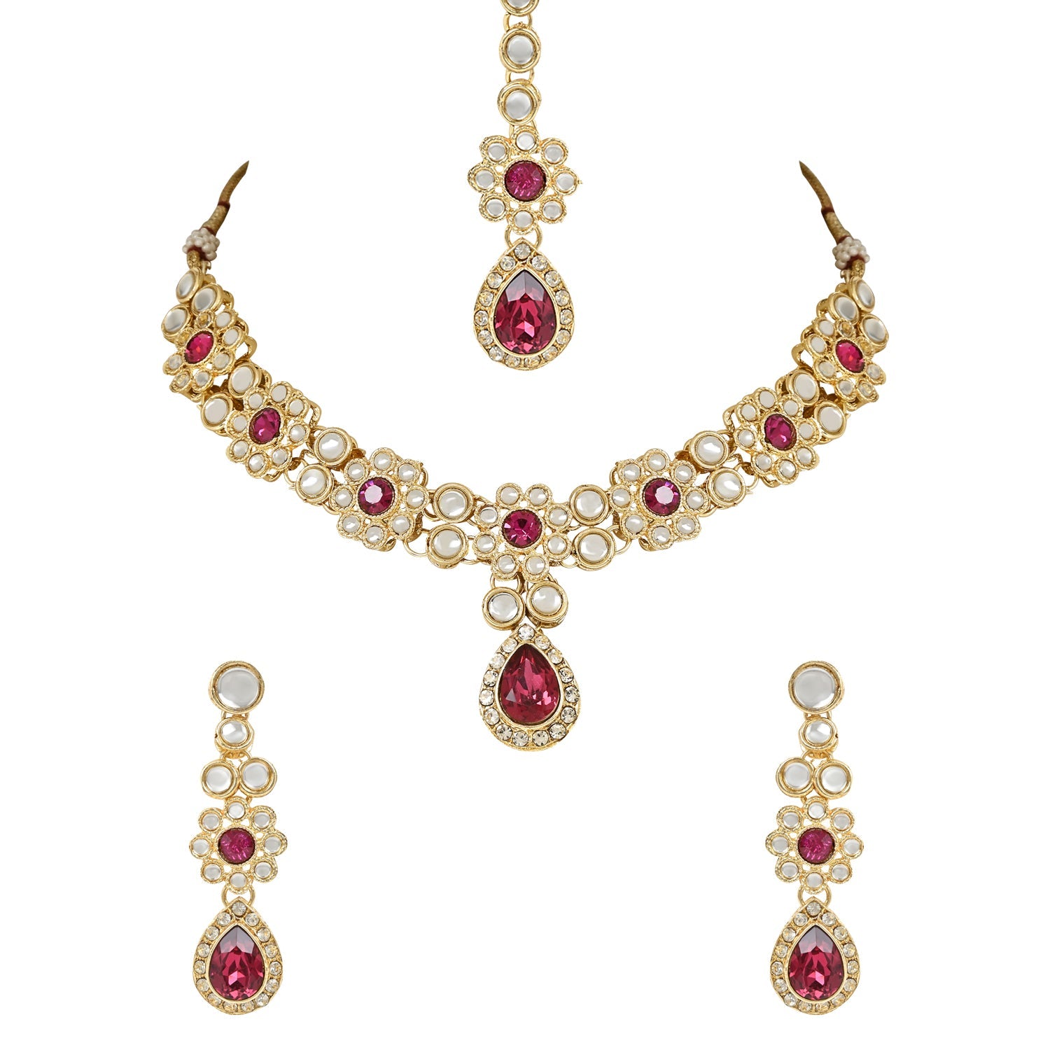 Women's 18K Gold Plated Traditional Floral Design Kundan Stones Studed Necklace Jewellery Set with Earrings & Maang Tikka  - I Jewels
