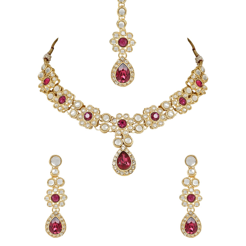Women's 18K Gold Plated Traditional Floral Design Kundan Stones Studed Necklace Jewellery Set with Earrings & Maang Tikka