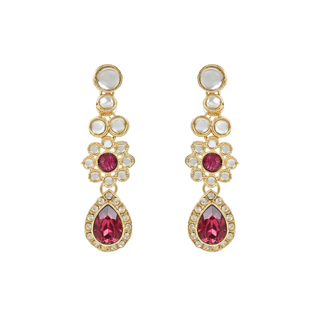 Women's 18K Gold Plated Traditional Floral Design Kundan Stones Studed Necklace Jewellery Set with Earrings & Maang Tikka