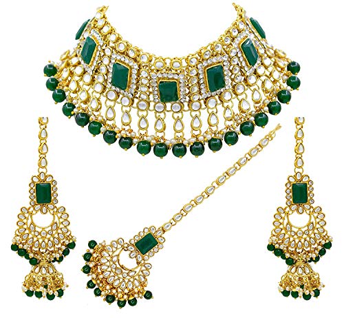 Women's 18kgold plated traditional handcrafted faux kundan pearl studded bridal necklace set with earrings maangtikkaij401w - I Jewels