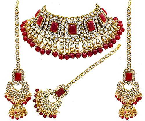 Women's 18kgold plated traditional handcrafted faux kundan pearl studded bridal necklace set with earrings maangtikkaij401w - I Jewels