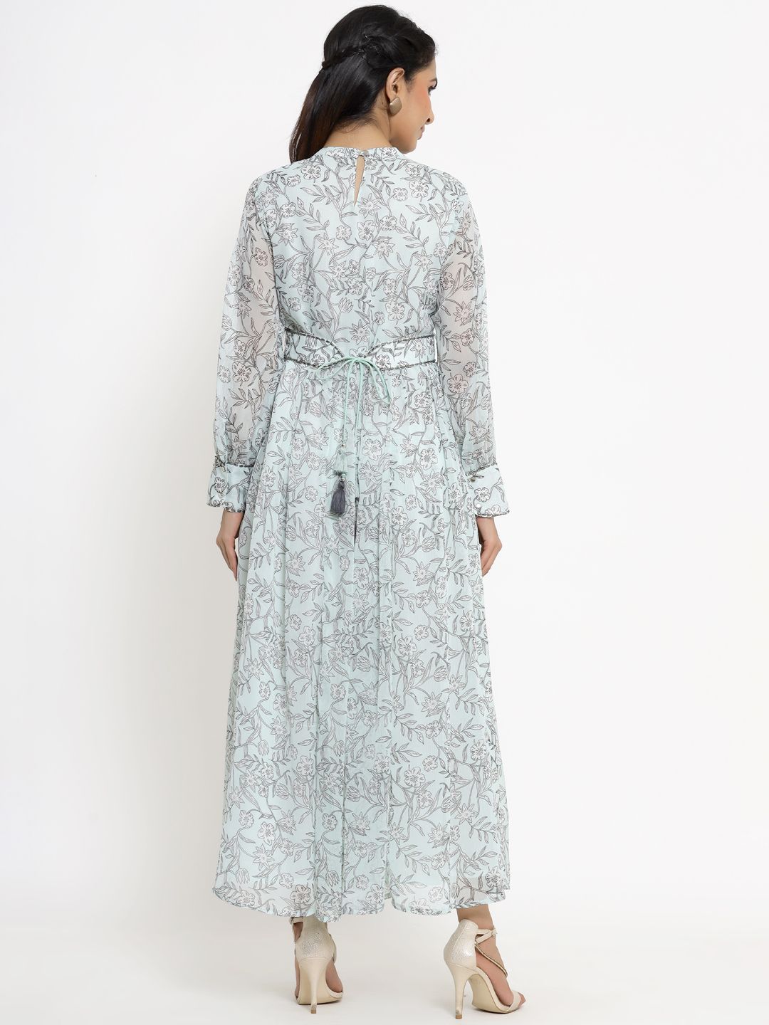 Women's Sagegreen Alphin Chiffon Flared Printed Dress With Tie-up Blet - Juniper