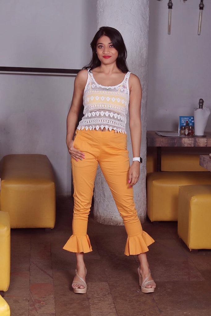 Women's Mustard Smart Fit Solid Bottom Flared Trousers