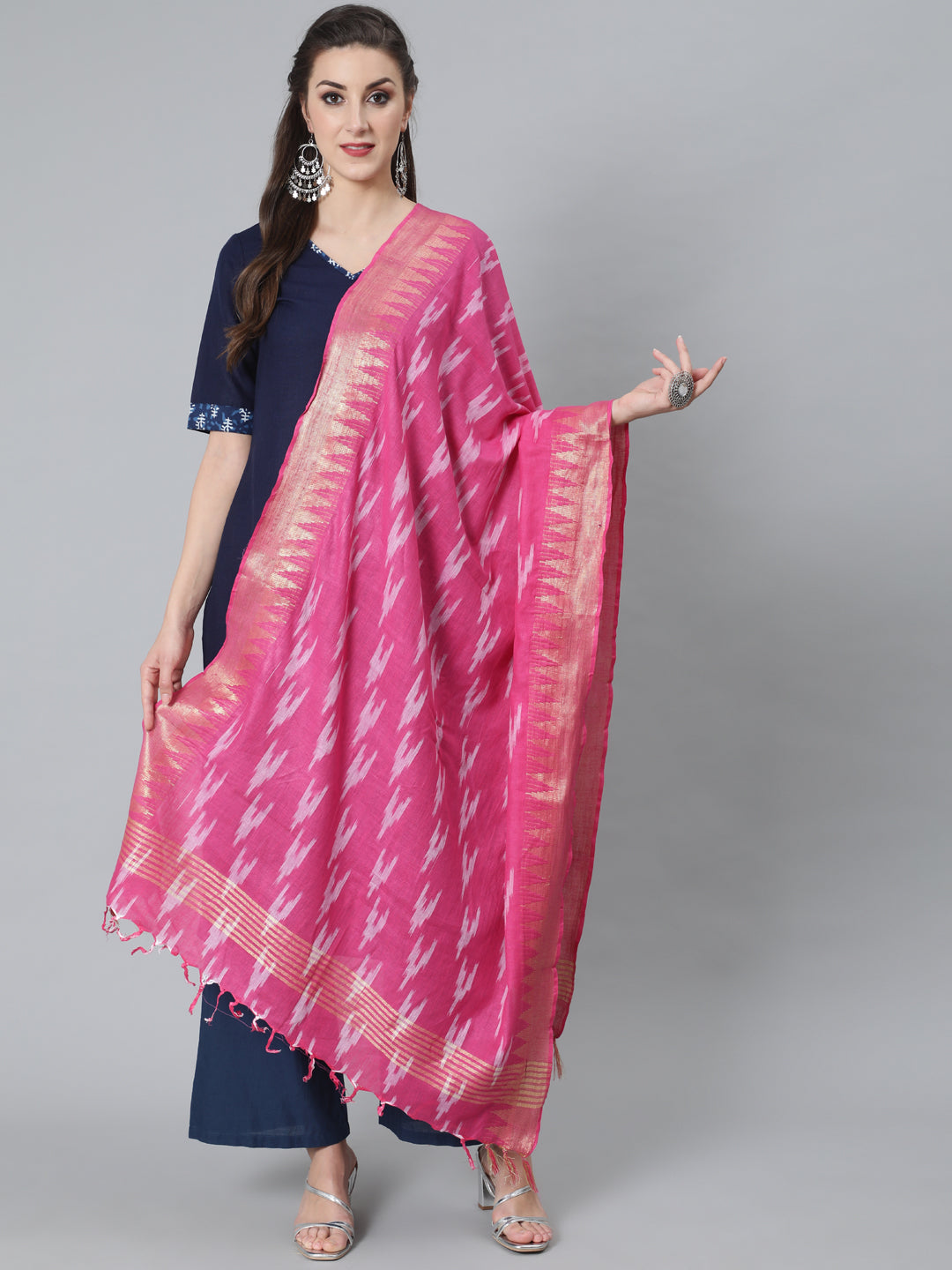 Women's Pink Zari Work Ikat Designed Dupatta - Aks