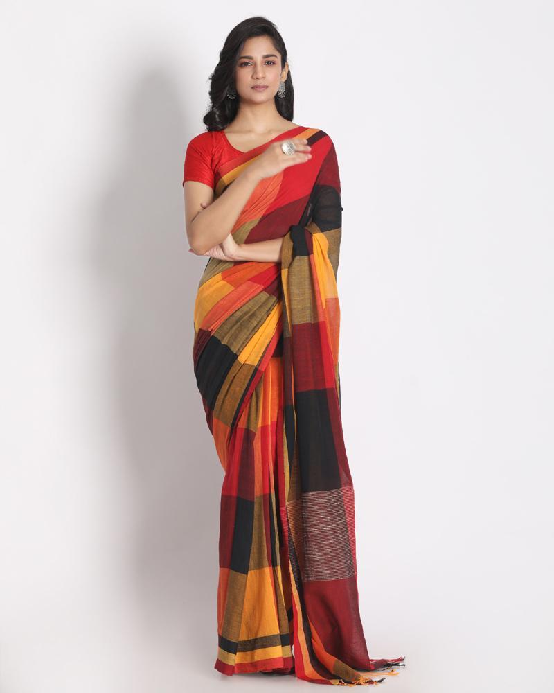 Women's Multi Colour Handloom Cotton Saree Ghicha pallu - Angoshobha