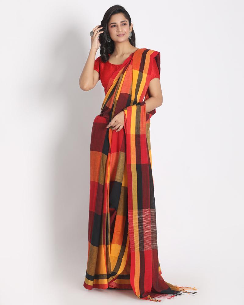 Women's Multi Colour Handloom Cotton Saree Ghicha pallu - Angoshobha