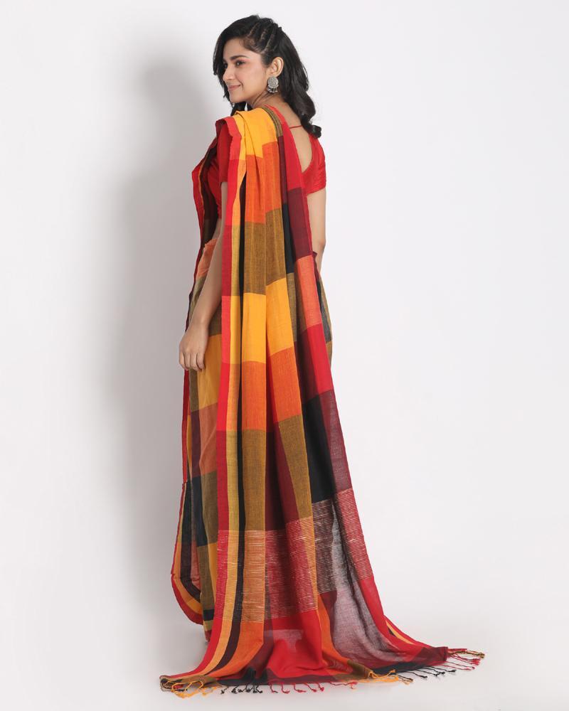 Women's Multi Colour Handloom Cotton Saree Ghicha pallu - Angoshobha