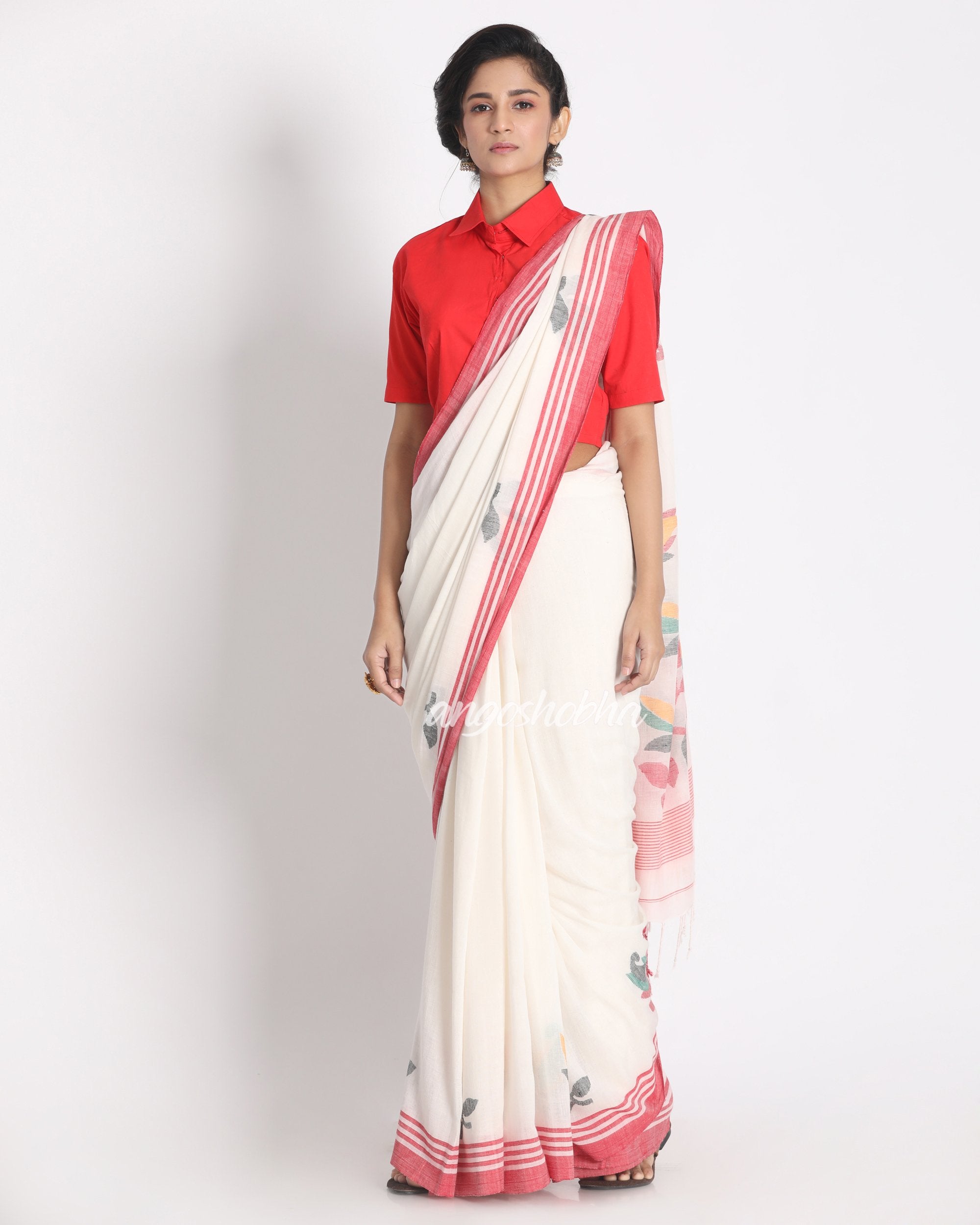Women's Red Border White Jamdhani Organic Khadi Cotton Saree With Unstitched Blouse - Angoshobha