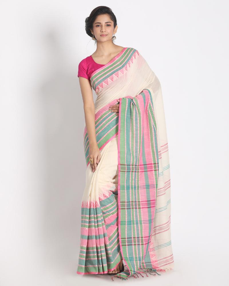 Women's Border Soft Sage Begampuri Organic Cotton Saree - Angoshobha