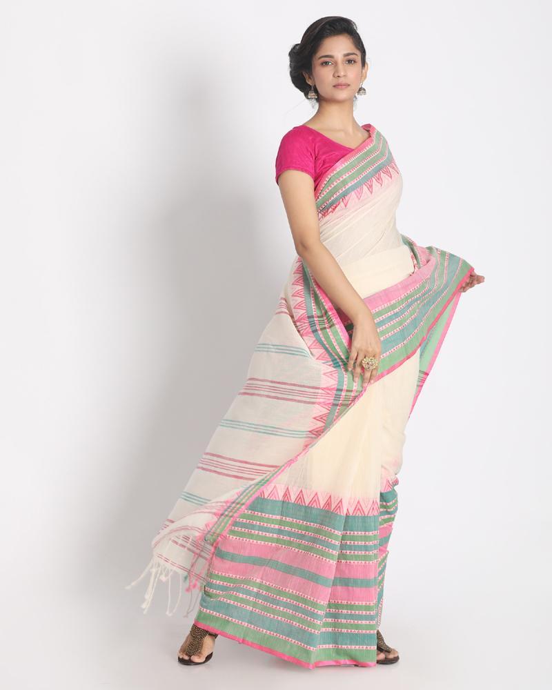 Women's Border Soft Sage Begampuri Organic Cotton Saree - Angoshobha