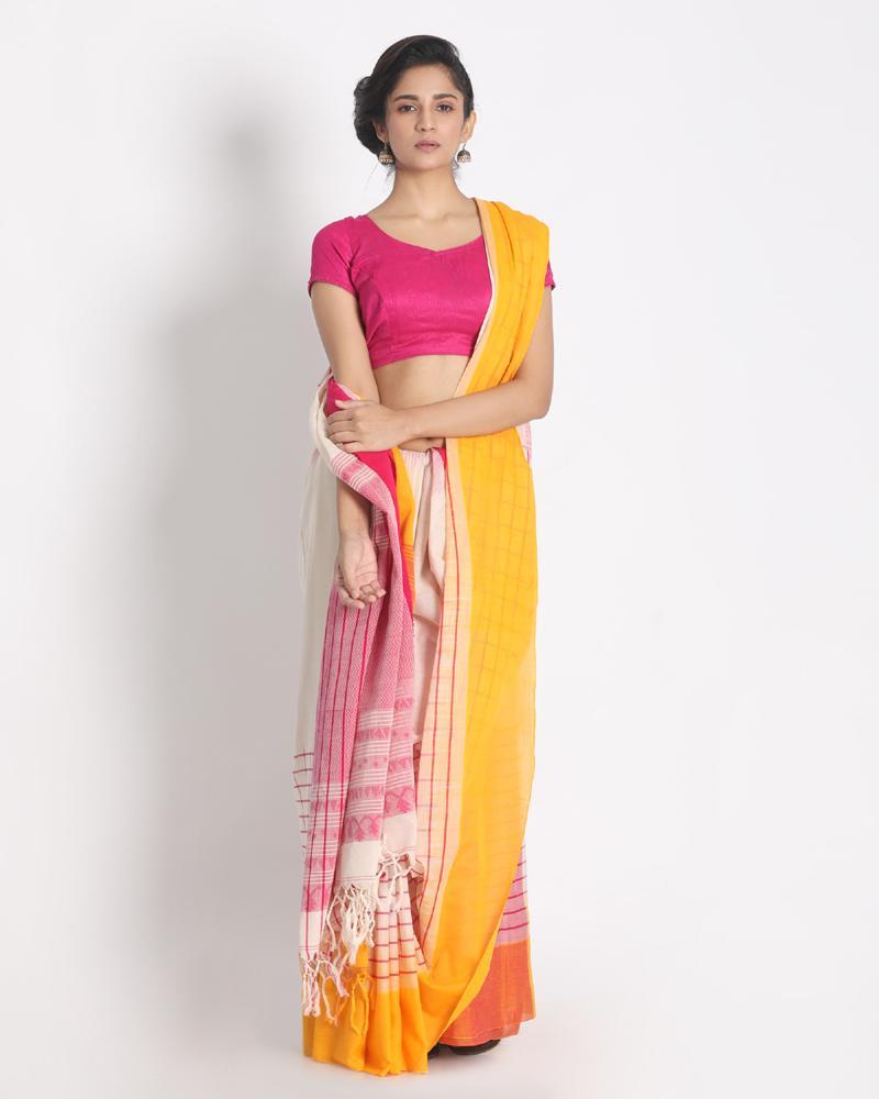 Women's Ganga Jamuna Taitai Border Off White Handloom Cotton Saree - Angoshobha