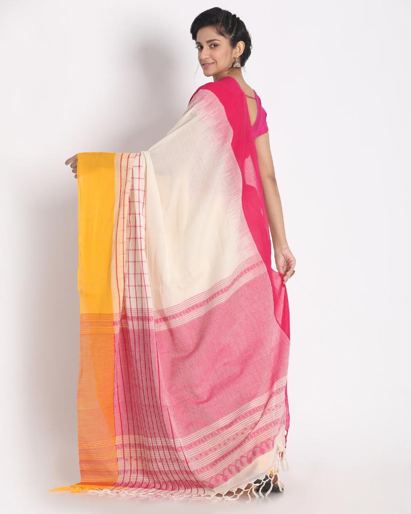 Women's Ganga Jamuna Taitai Border Off White Handloom Cotton Saree - Angoshobha