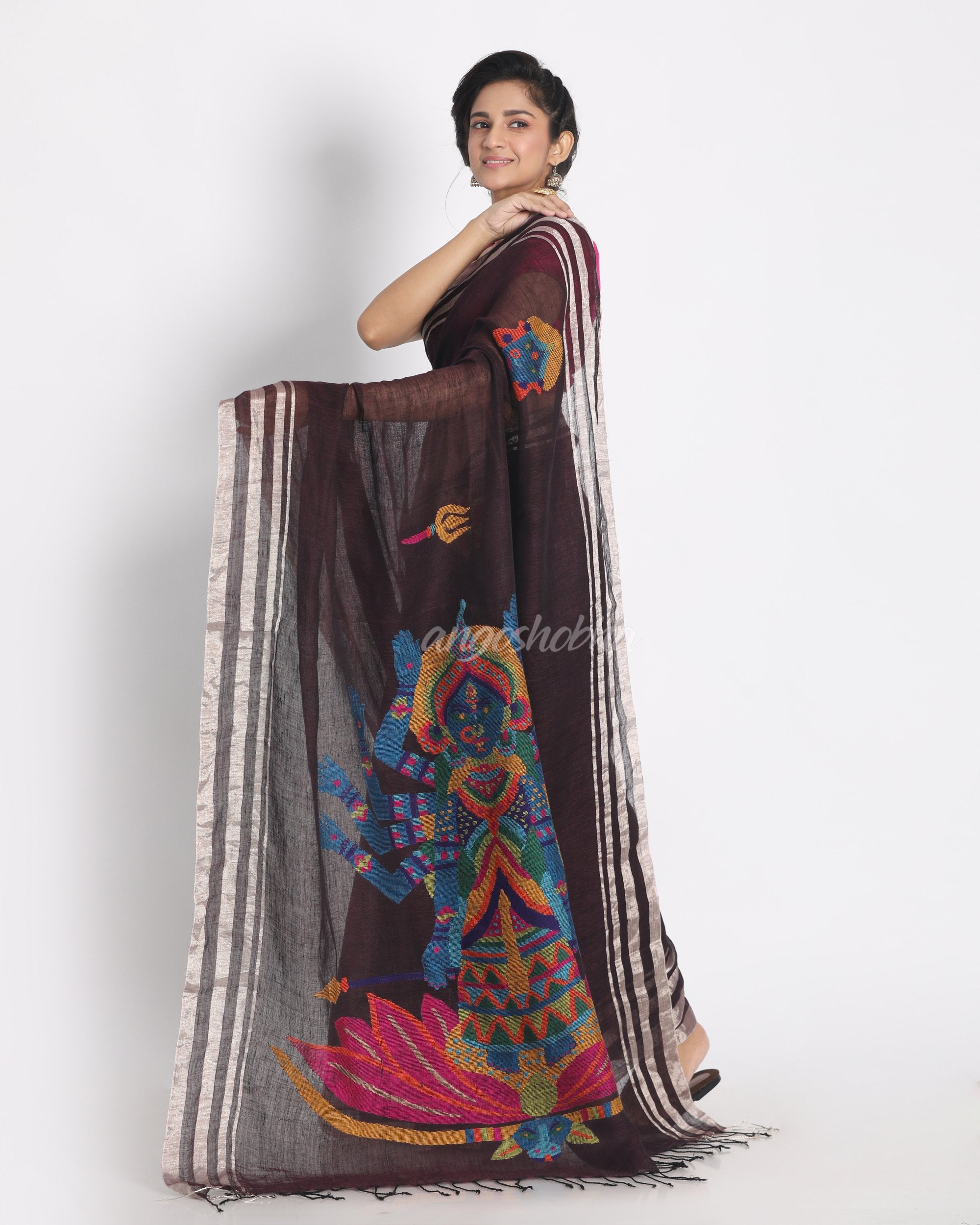 Women's Silver Jori Border Wine Linen Saree With Hand Weaving Pallu With With Unstitched Blouse - Angoshobha