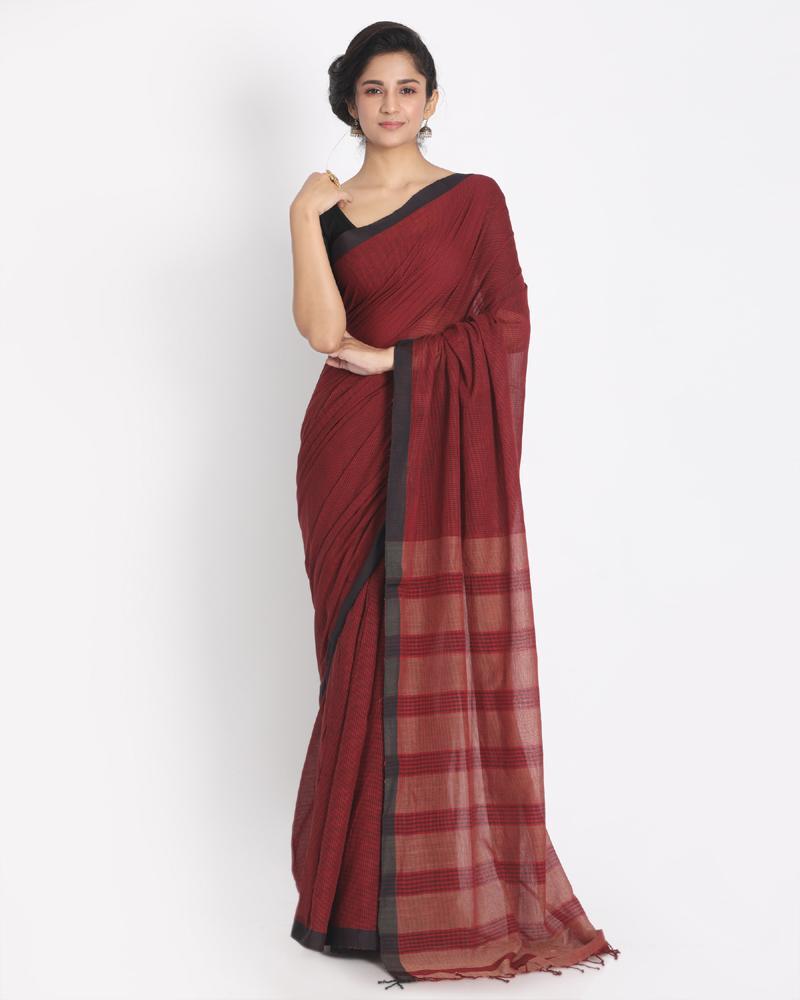 Women's Black Border Maroon Black Small Check Cotton Saree Pallu Stripe - Angoshobha