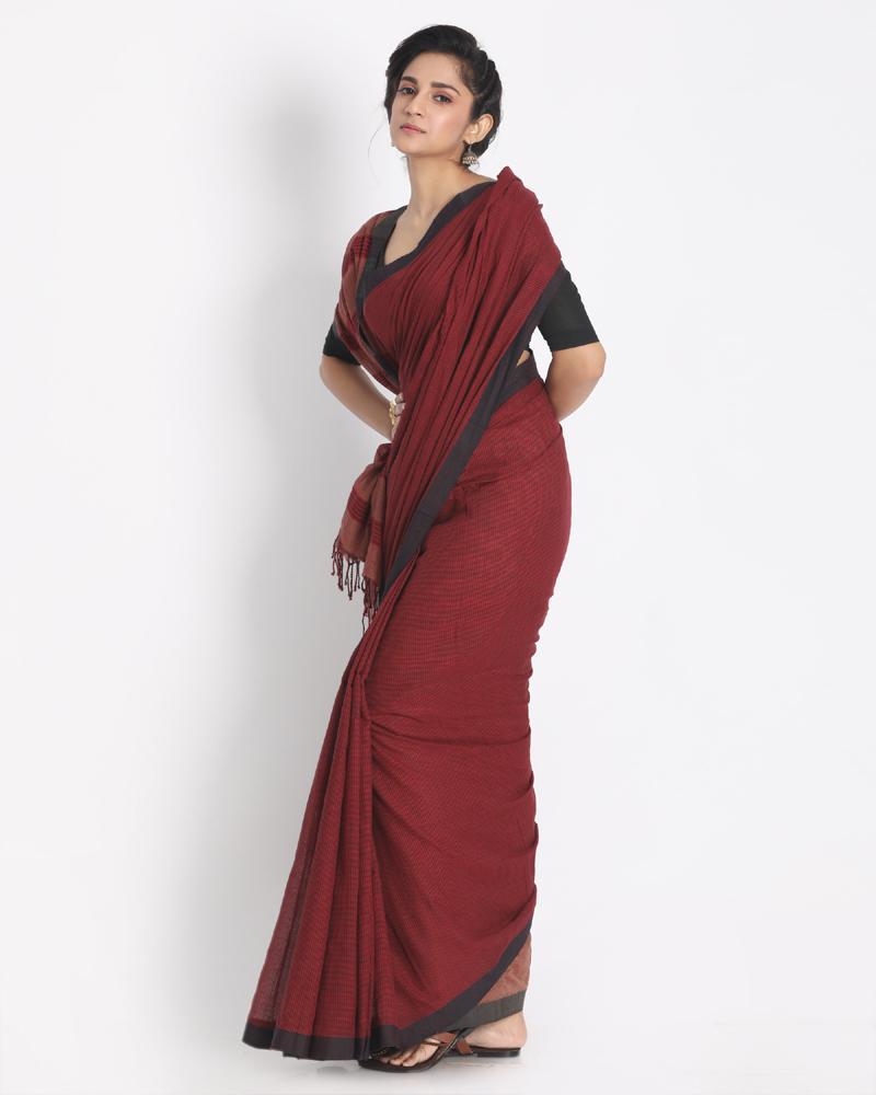 Women's Black Border Maroon Black Small Check Cotton Saree Pallu Stripe - Angoshobha