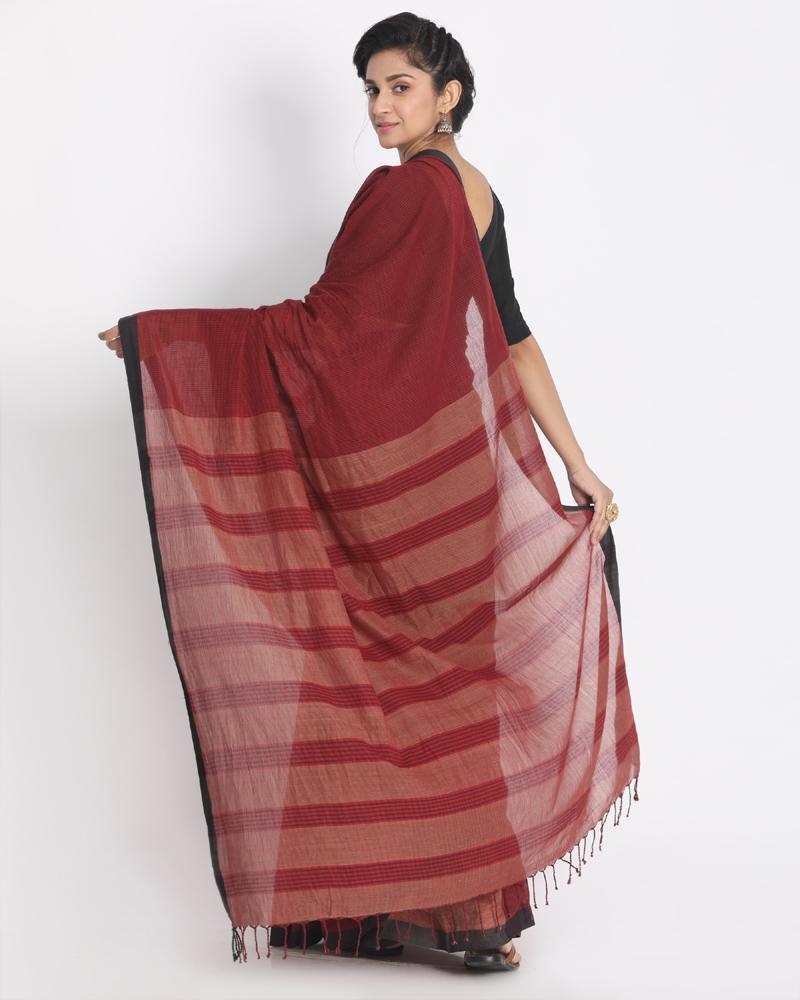 Women's Black Border Maroon Black Small Check Cotton Saree Pallu Stripe - Angoshobha