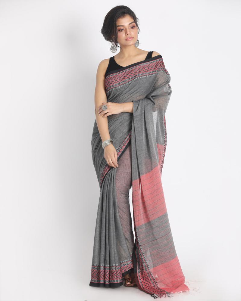 Women's Red Jacquard Work Border Grey Cotton Handloom Saree with Blouse - Angoshobha