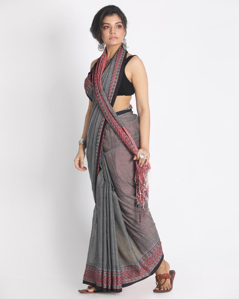 Women's Red Jacquard Work Border Grey Cotton Handloom Saree with Blouse - Angoshobha