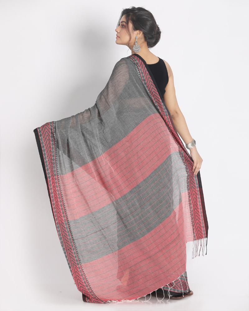 Women's Red Jacquard Work Border Grey Cotton Handloom Saree with Blouse - Angoshobha
