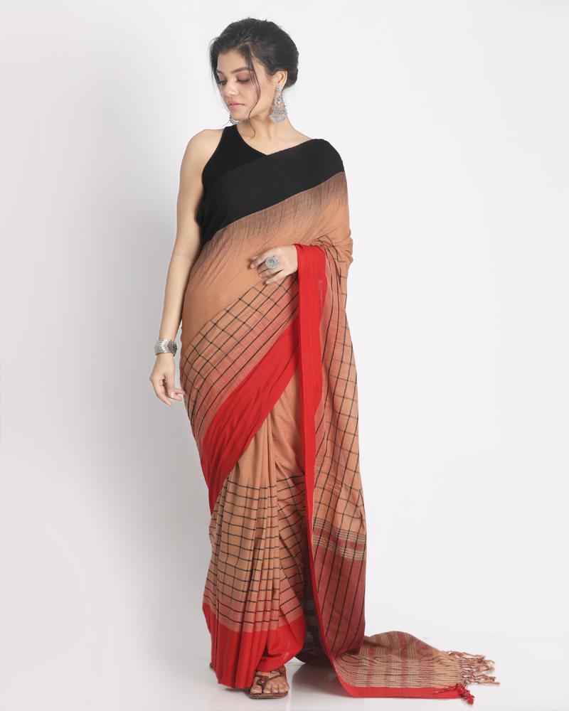 Women's Ganga Jamuna Taitai Border Peach Handloom Cotton saree Jekhard Work Pallu - Angoshobha