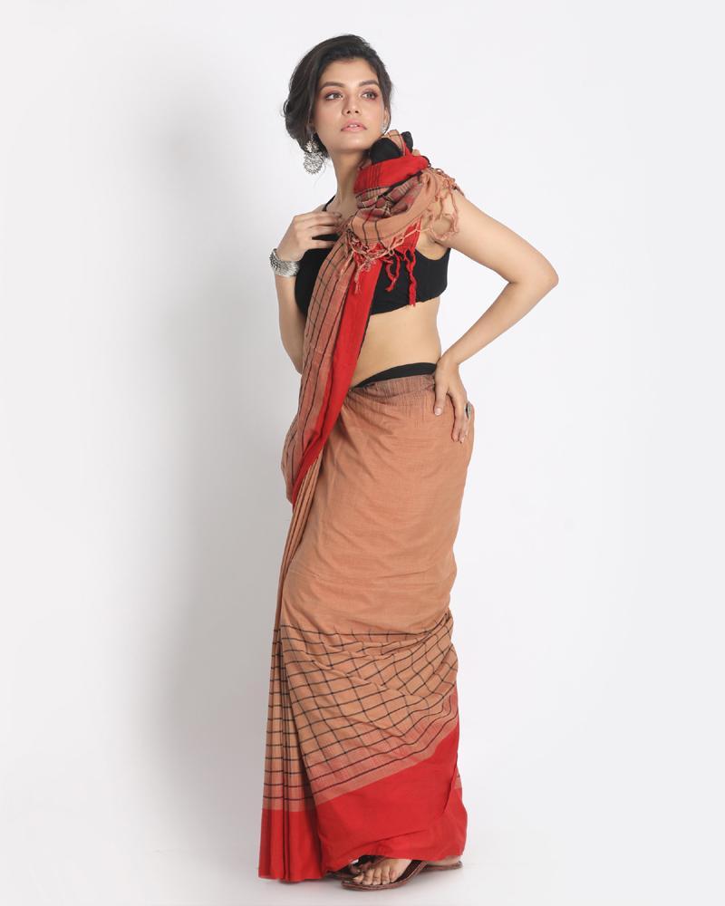 Women's Ganga Jamuna Taitai Border Peach Handloom Cotton saree Jekhard Work Pallu - Angoshobha