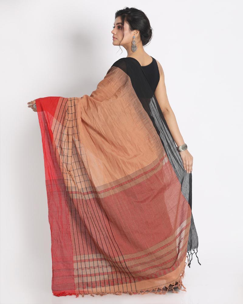 Women's Ganga Jamuna Taitai Border Peach Handloom Cotton saree Jekhard Work Pallu - Angoshobha