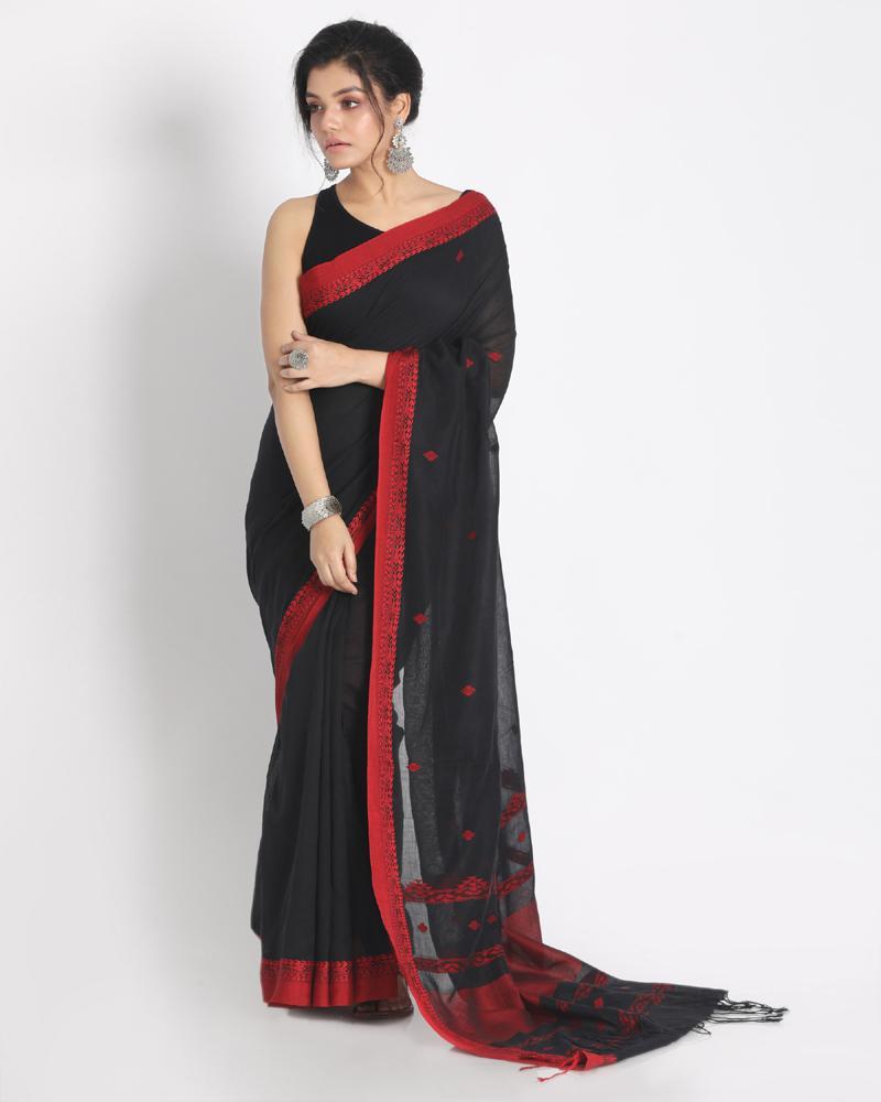 Women's Red Jecquard Work Border black Cotton Saree - Angoshobha