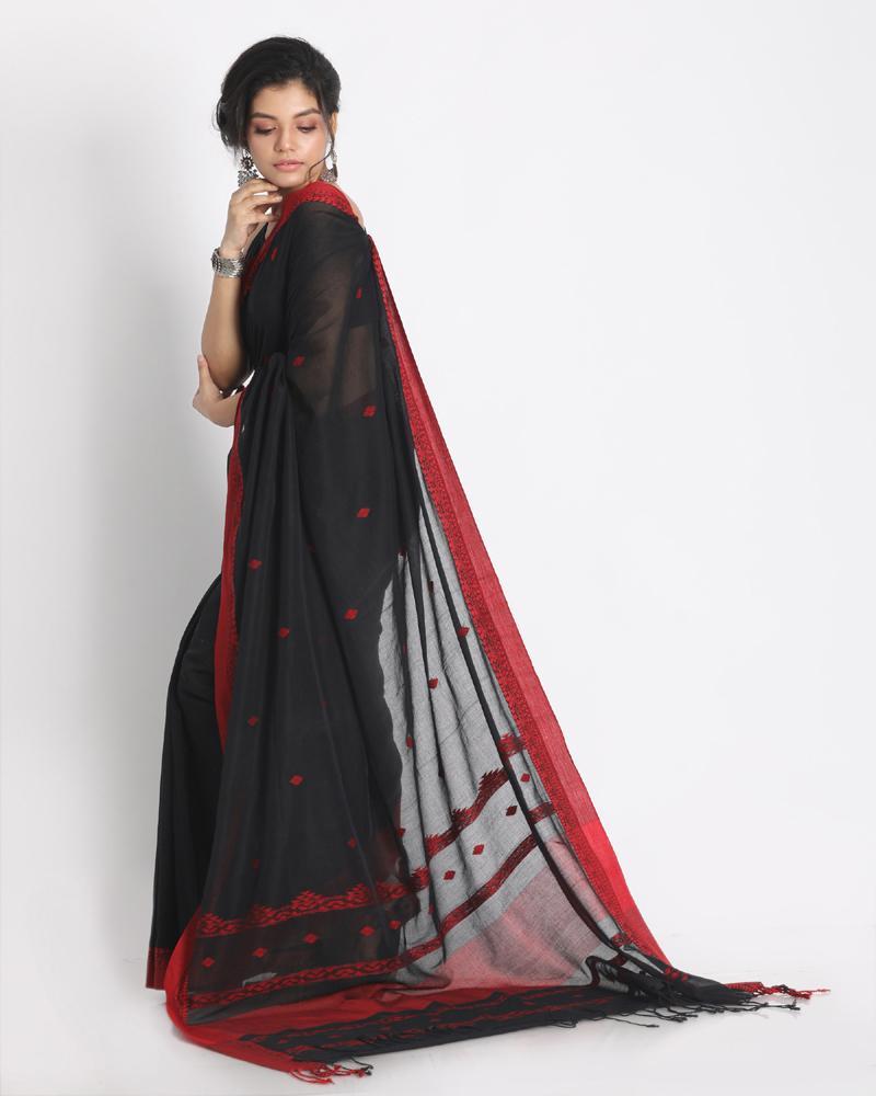 Women's Red Jecquard Work Border black Cotton Saree - Angoshobha