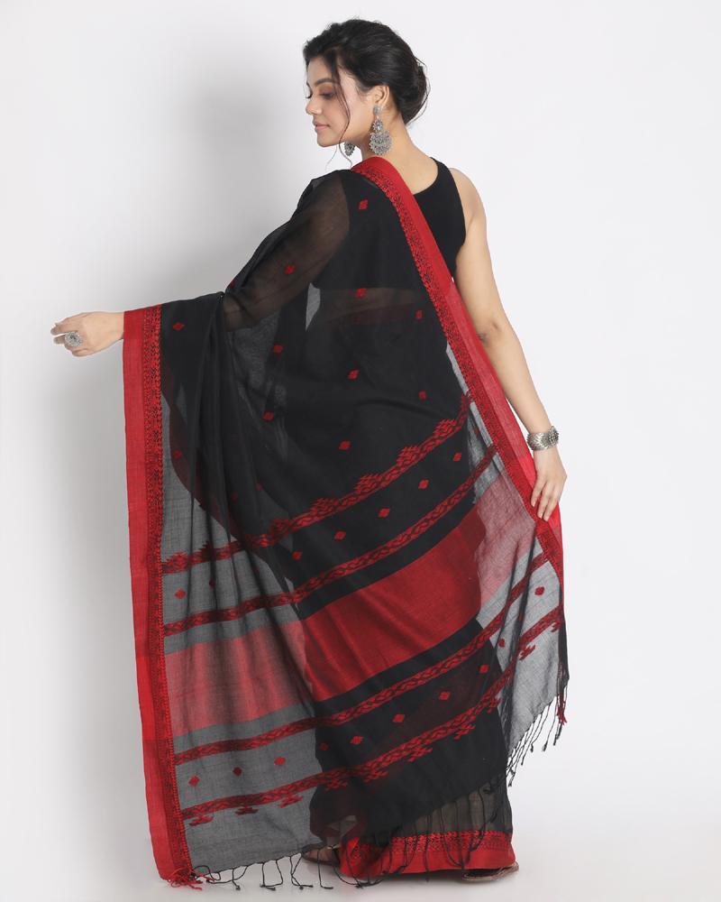 Women's Red Jecquard Work Border black Cotton Saree - Angoshobha