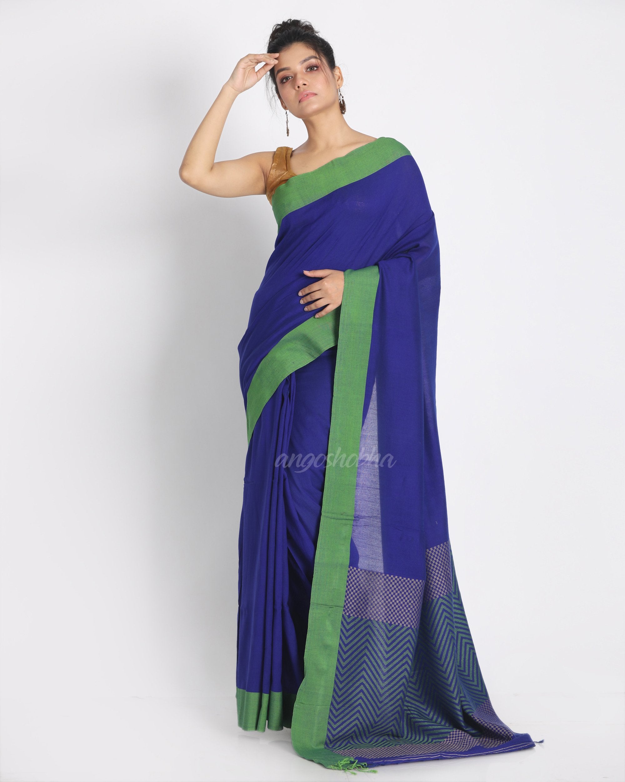 Women's Bengal blue handwoven mulmul cotton saree - Angoshobha