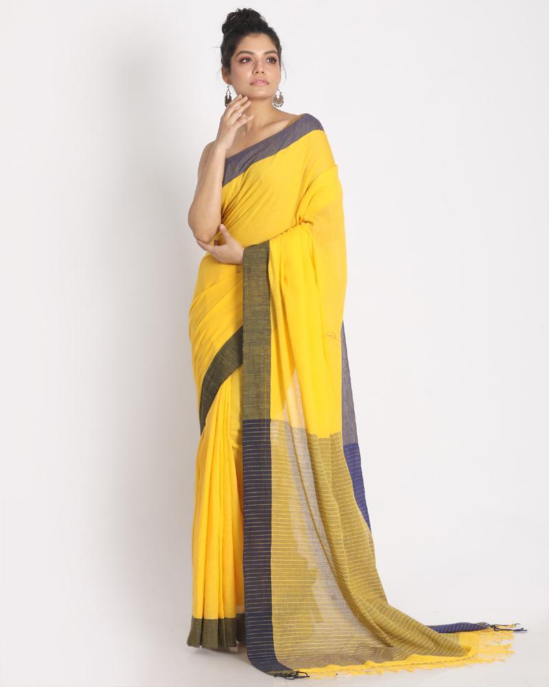 Women's Yellow Handwoven Cotton Saree - Angoshobha
