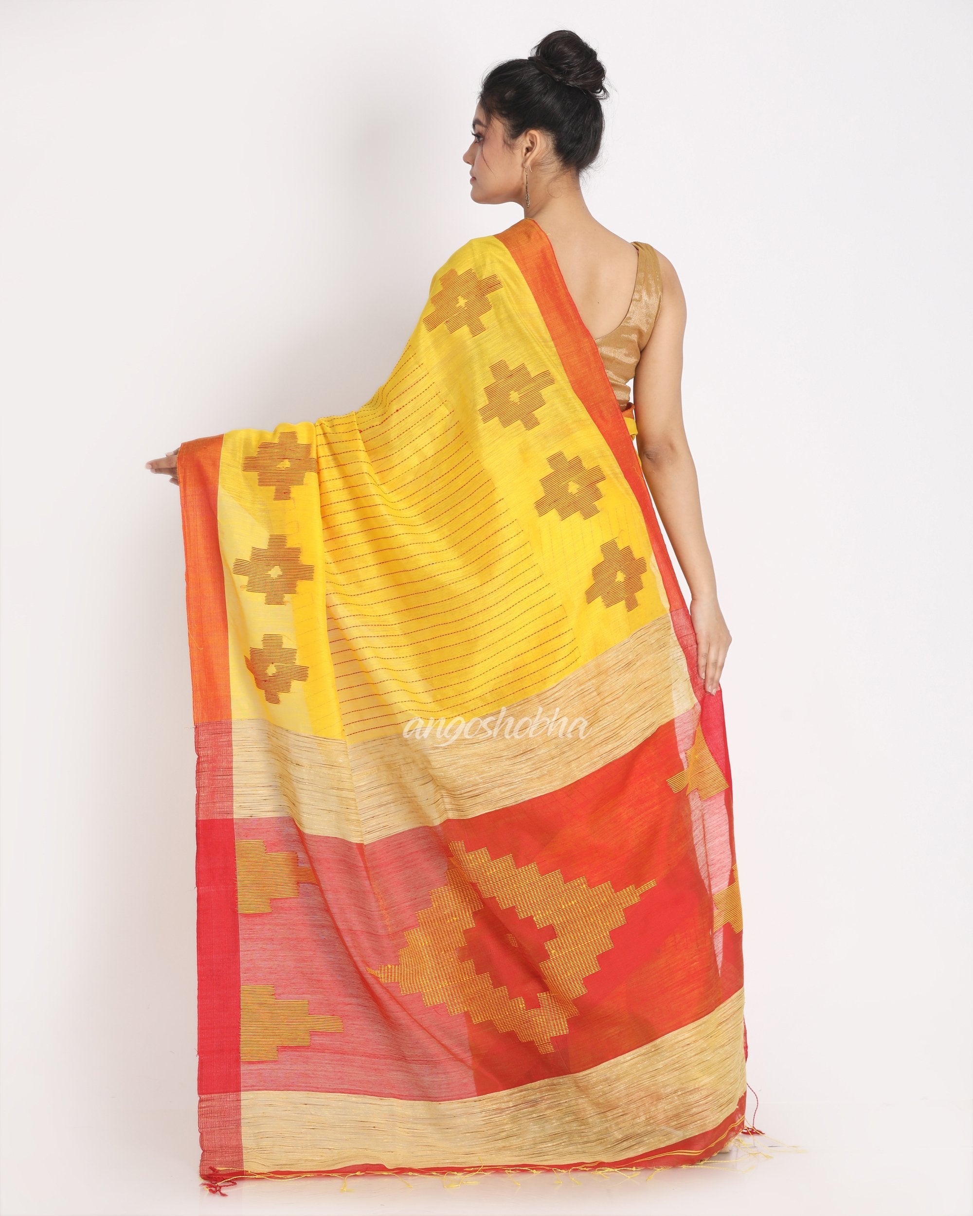 Women's All Over Katha Work Yellow Handloom Blended Cotton Saree - Angoshobha