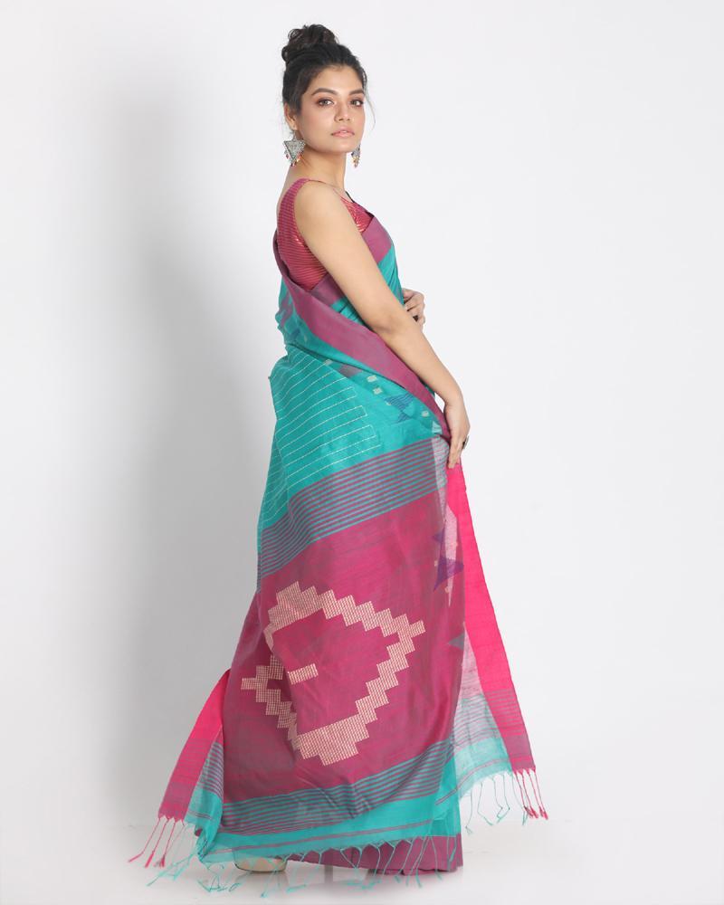 Women's All Over Katha Work Teal Handloom Blended Cotton Saree - Angoshobha