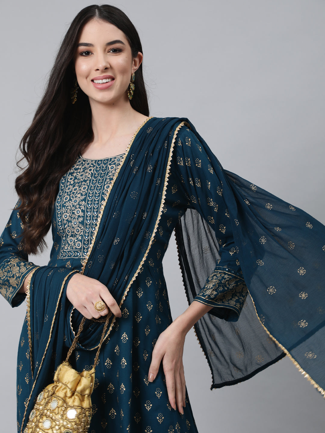 Women's Navy Blue Ethnic Motifs Embroidered Thread Work Kurta with Trousers  With Dupatta
