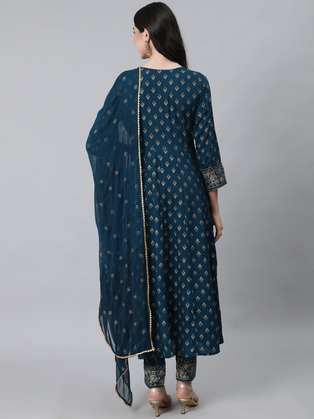 Women's Navy Blue Ethnic Motifs Embroidered Thread Work Kurta with Trousers  With Dupatta