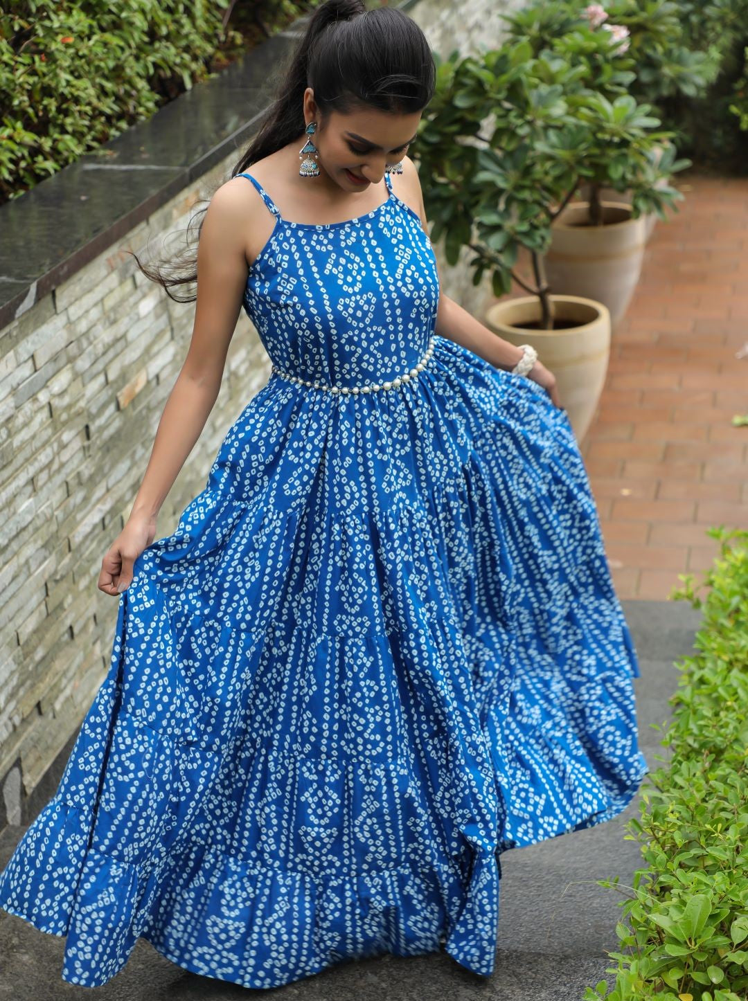 Women's Blue Bandhani Print Tiered Maxi Dress - Aks