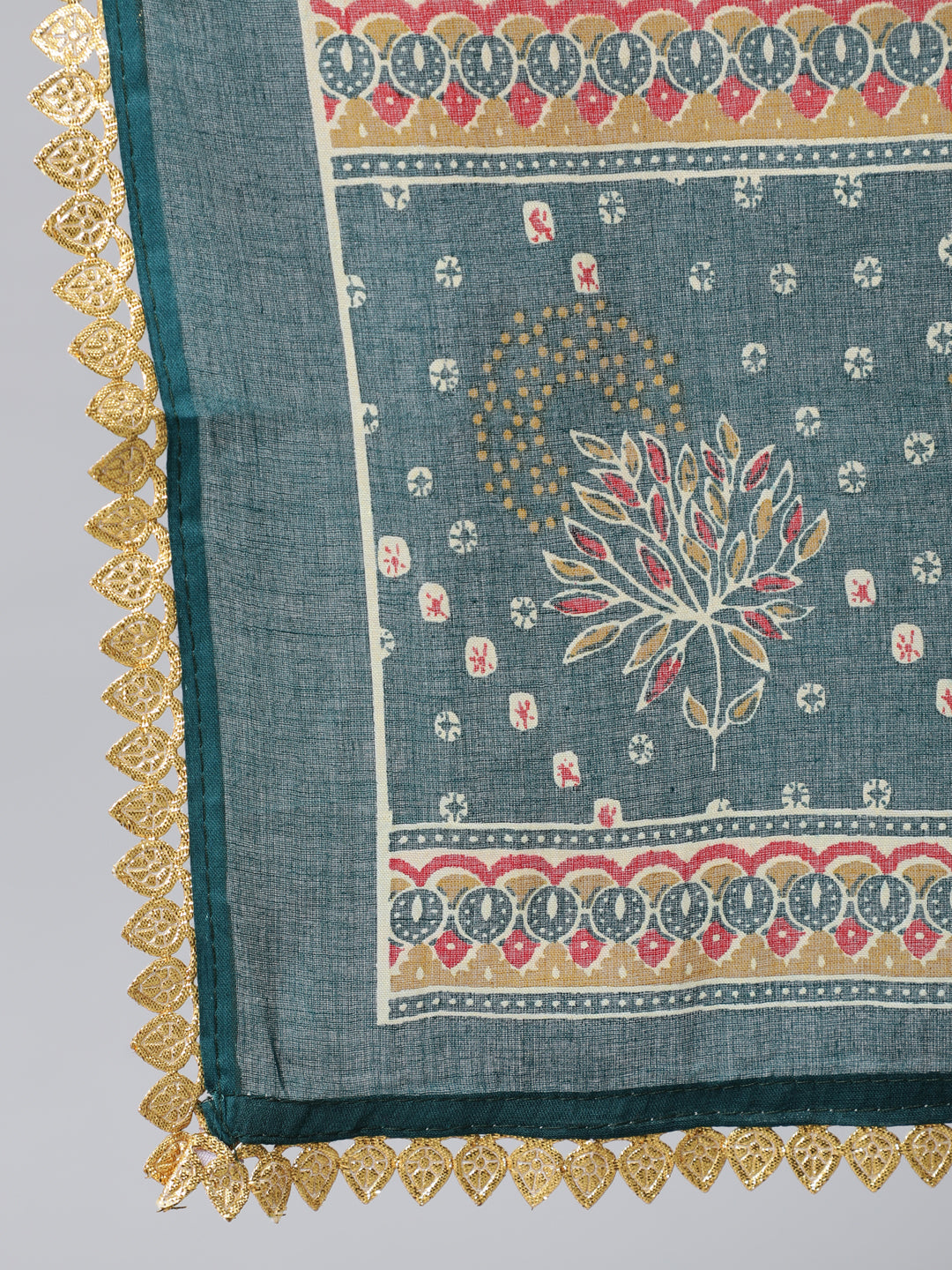 Women's Teal Green Printed Cotton Kurta with Trousers & Dupatta