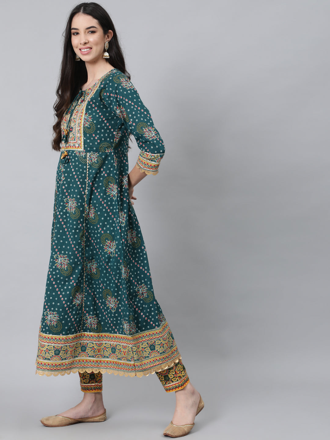 Women's Teal Green Printed Cotton Kurta with Trousers & Dupatta