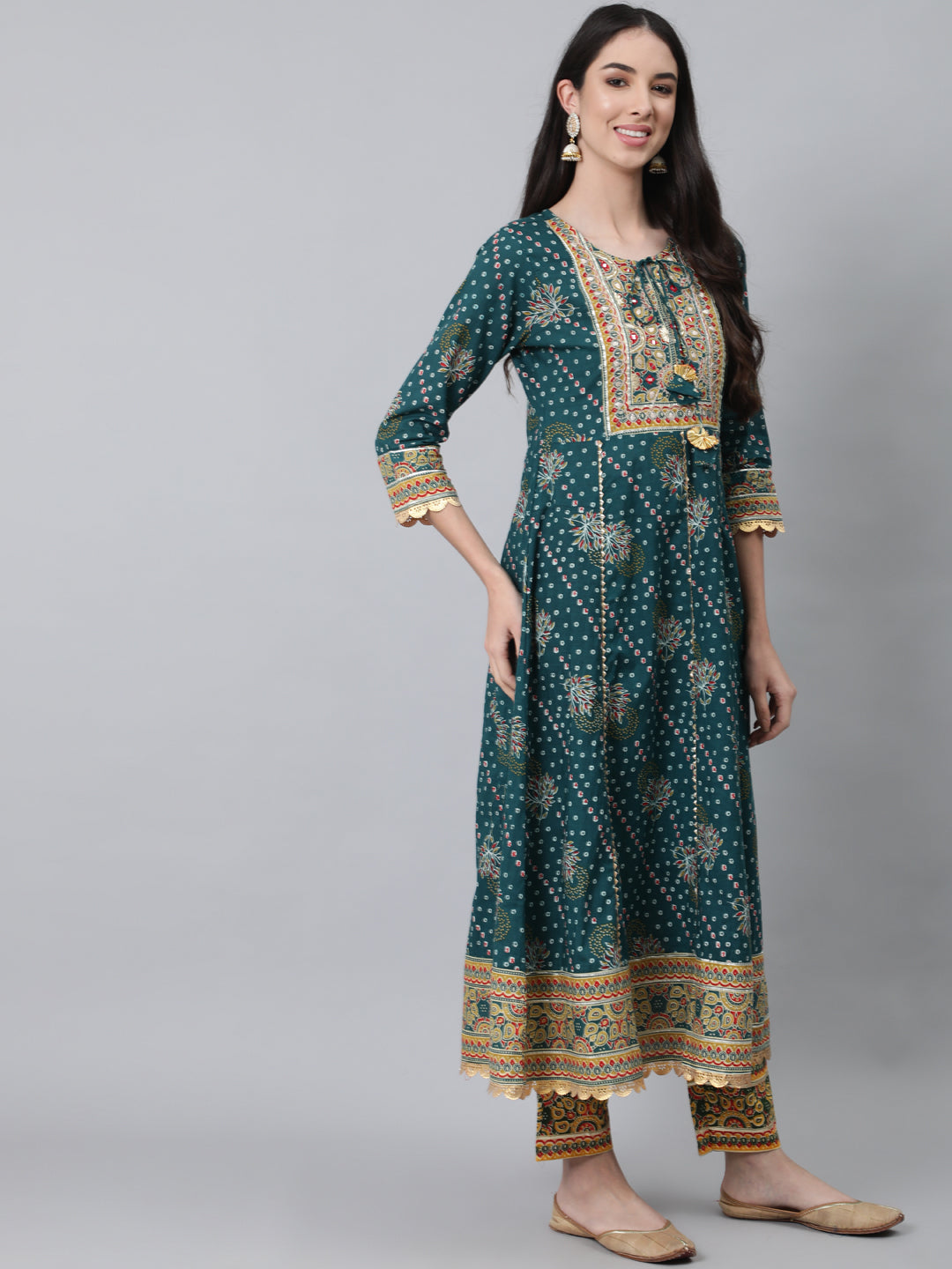 Women's Teal Green Printed Cotton Kurta with Trousers & Dupatta