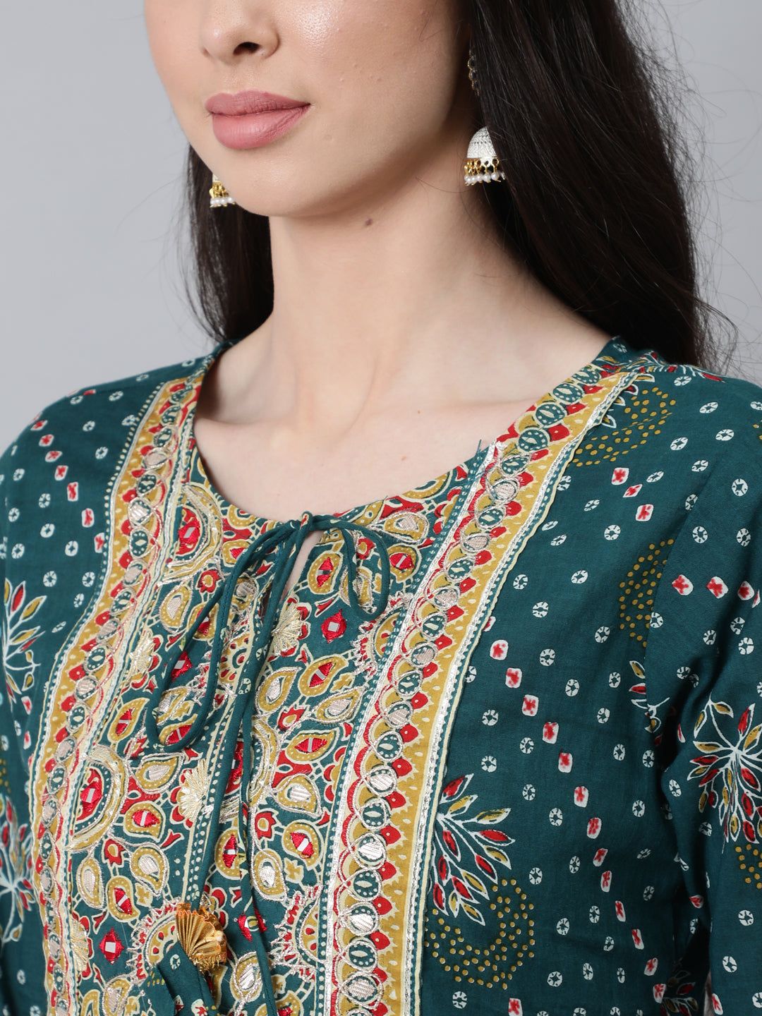 Women's Teal Green Printed Cotton Kurta with Trousers & Dupatta