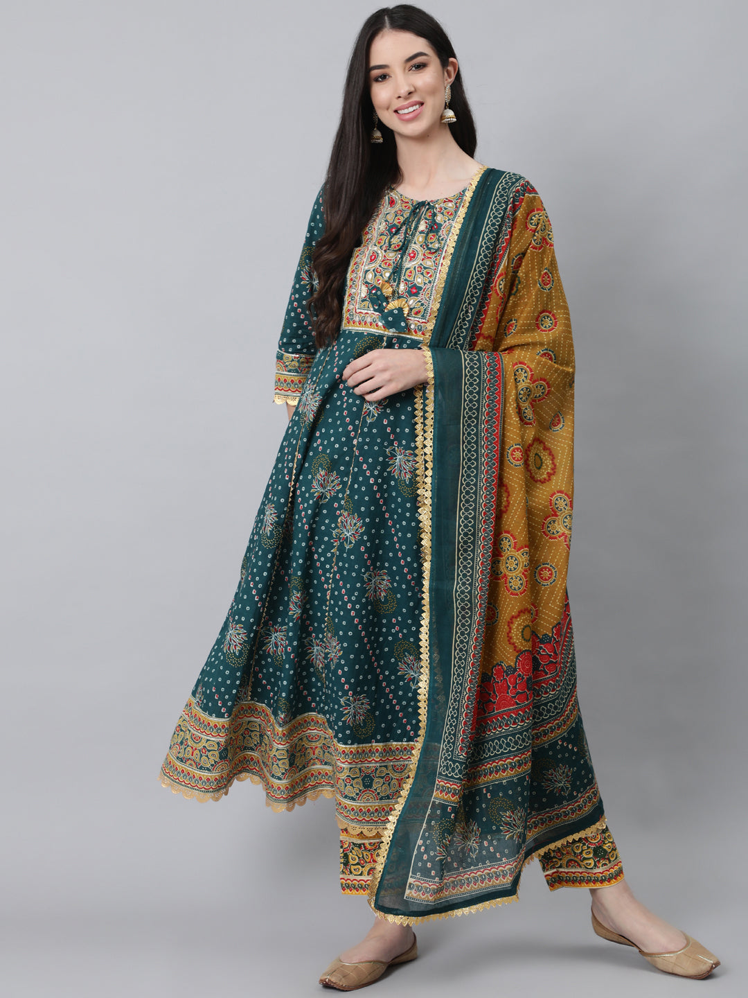 Women's Teal Green Printed Cotton Kurta with Trousers & Dupatta