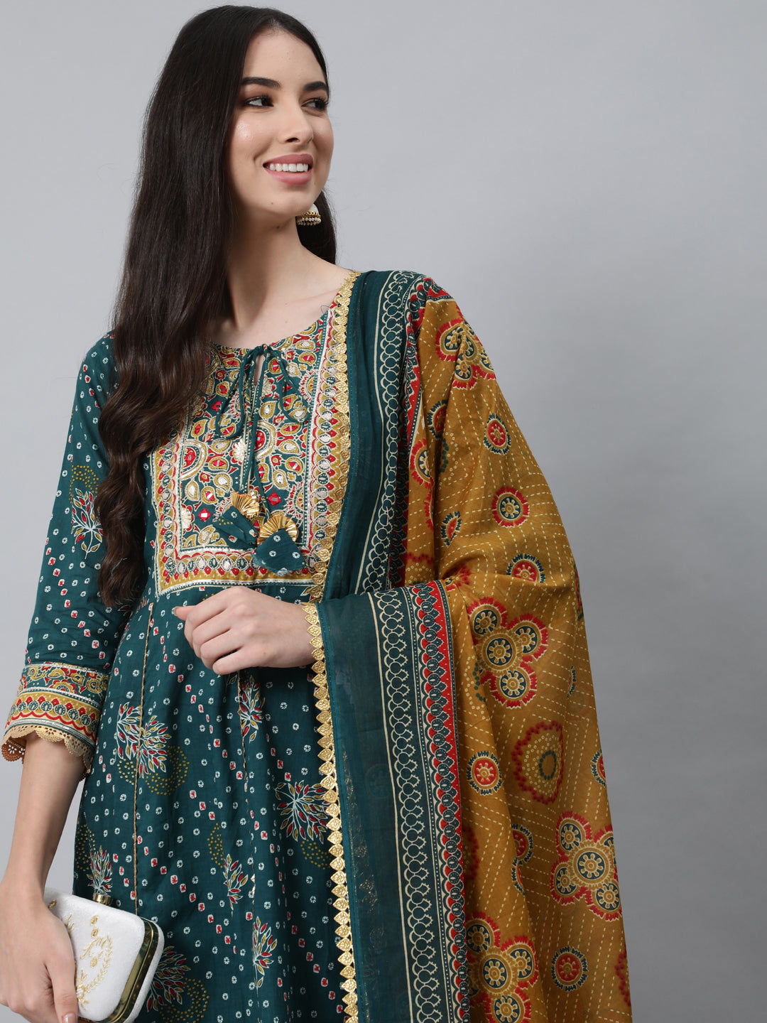 Women's Teal Green Printed Cotton Kurta with Trousers & Dupatta