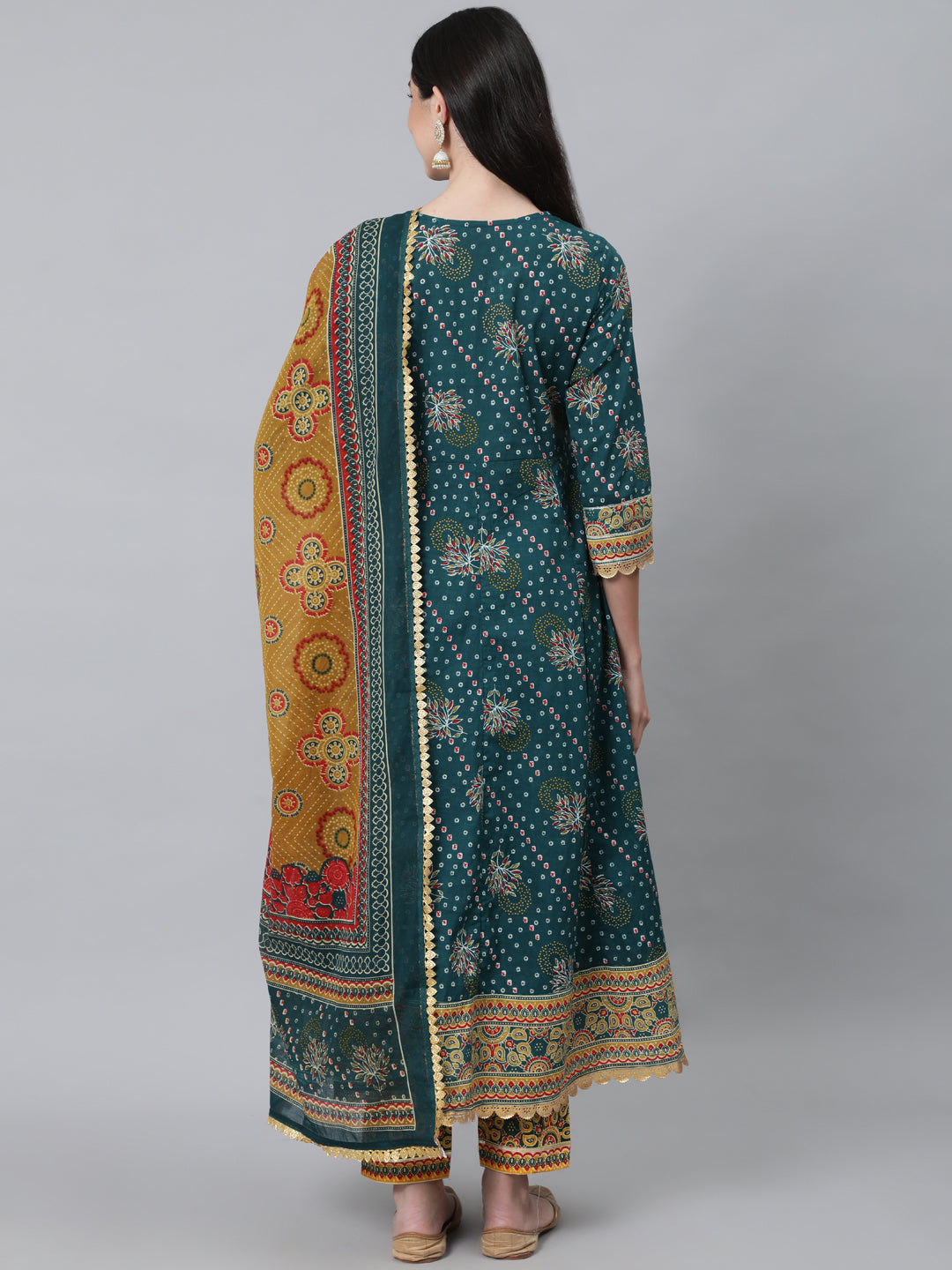 Women's Teal Green Printed Cotton Kurta with Trousers & Dupatta