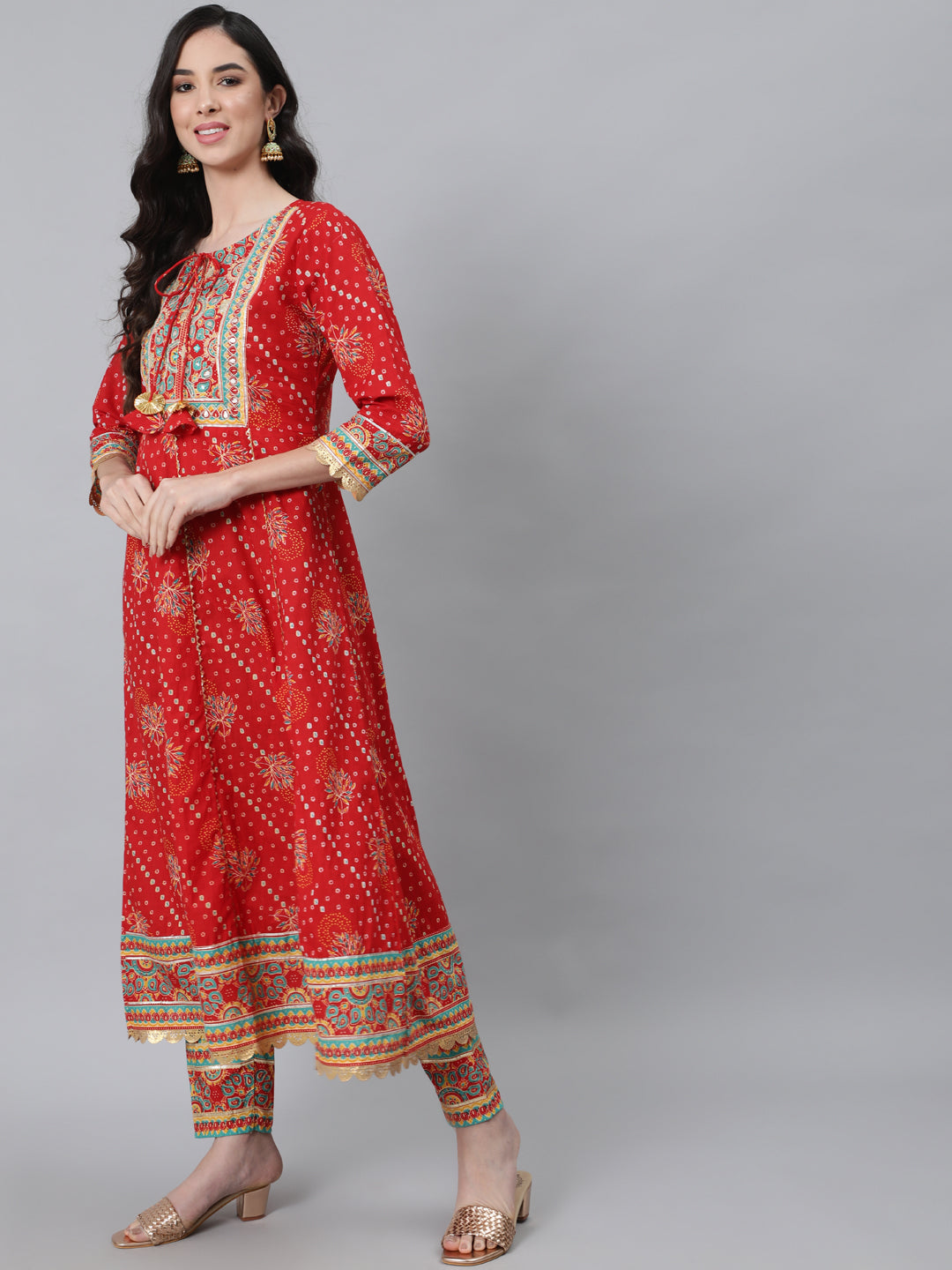 Women's Red Ethnic Motifs Yoke Cotton Kurta with Churidar With Dupatta