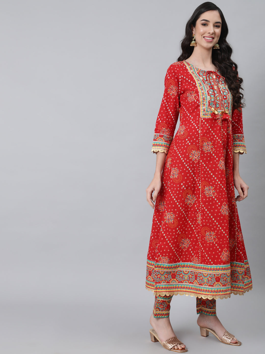 Women's Red Ethnic Motifs Yoke Cotton Kurta with Churidar With Dupatta